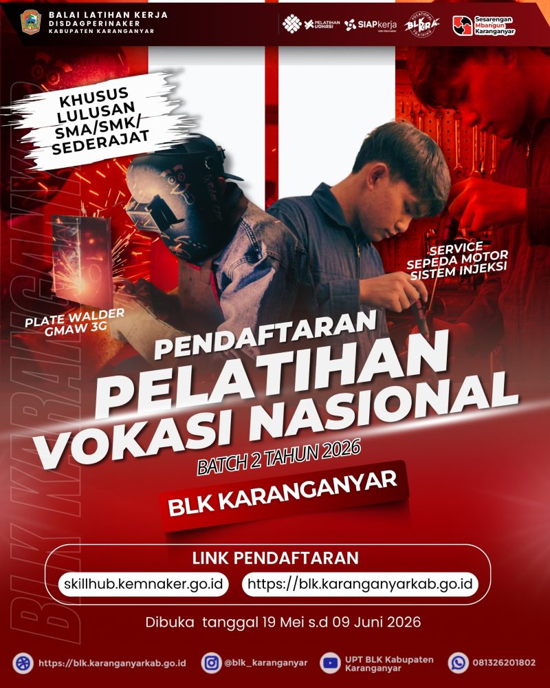 Pendaftaran Pelatihan Vokasi Nasional Batch II BLK Karanganyar Tahun 2026